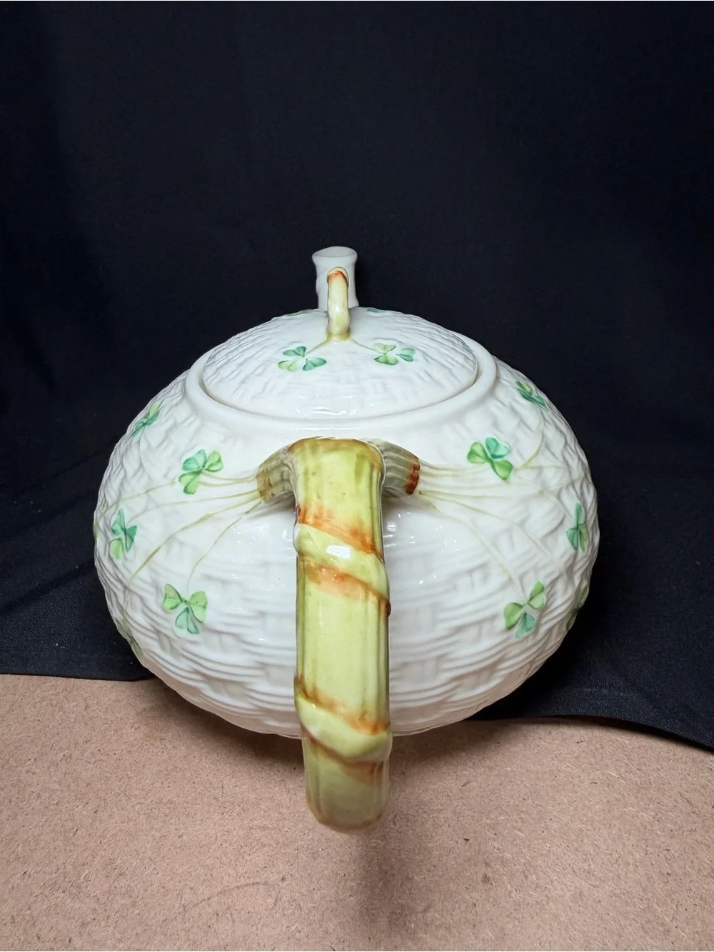 Vintage Belleek Shamrock Basketweave Teapot Gold 7th Mark